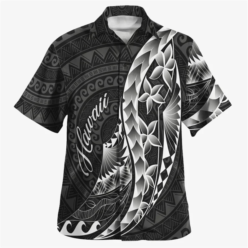 Camisas masculinas com estampa em 3D da Polinésia Havaiana, camisas de praia de manga curta, camisetas casuais, roupas masculinas