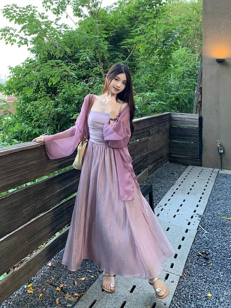 

2026 New Fashion Purple Elegant Sleeveless Camisole Dress for Women Summer Chiffon Women's Beach Vacation Long Fairy Dress