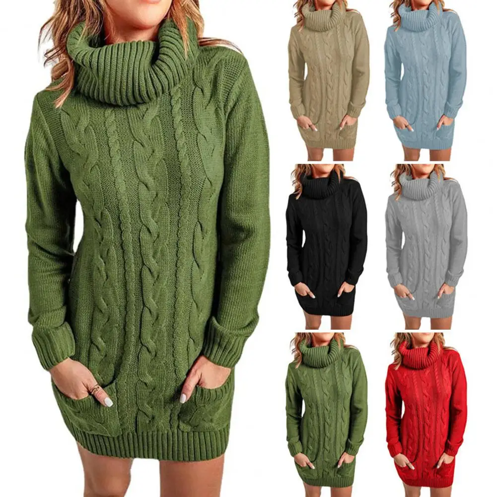 Women Turtleneck Twist Knitted Long Sleeve Warm Sweater Autumn Winter Mini Dress Thickened Pullover Retro