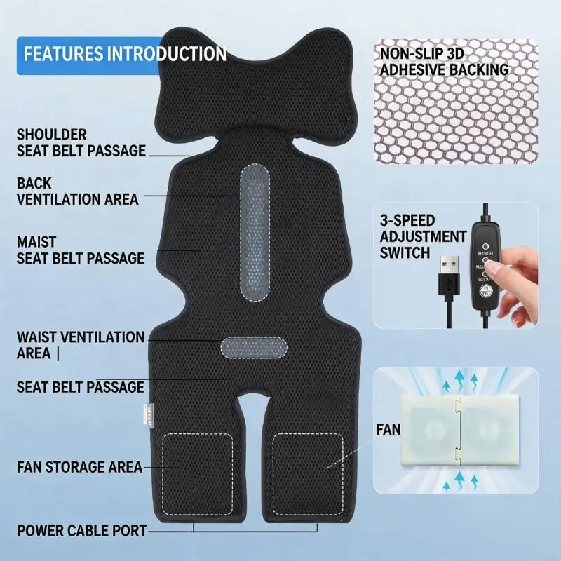 Strollers Cooling Pad Baby Pram Carriage Cushion With 3 Speed Ventilation Fan Toddlers Pushchair Liner Strollers Cushion A2UB