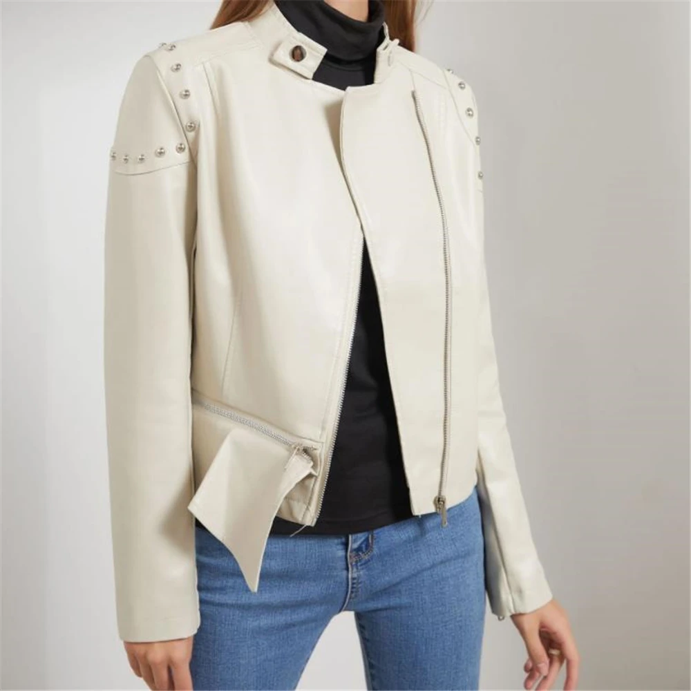 Spring Autumn Lapel Splicing Pu Leather Jacket Women Moto Frenulum Faux Soft Leather Coat Casual Loose Outwear Overcoat Spring