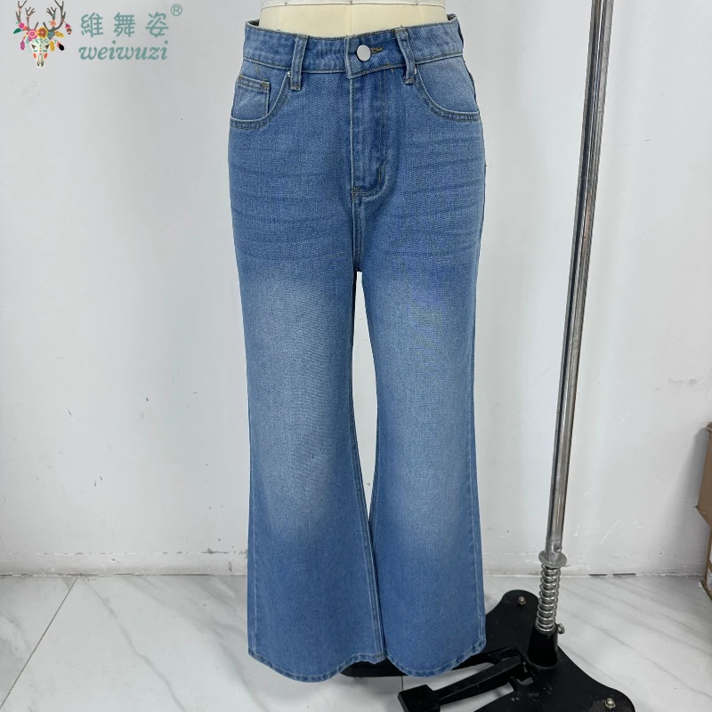 Celana Jeans Wanita Celana Denim Biru Pinggang Tinggi dengan Saku Fashion Kasual Celana Panjang Lebar Musim Gugur Streetwear Korea Baru