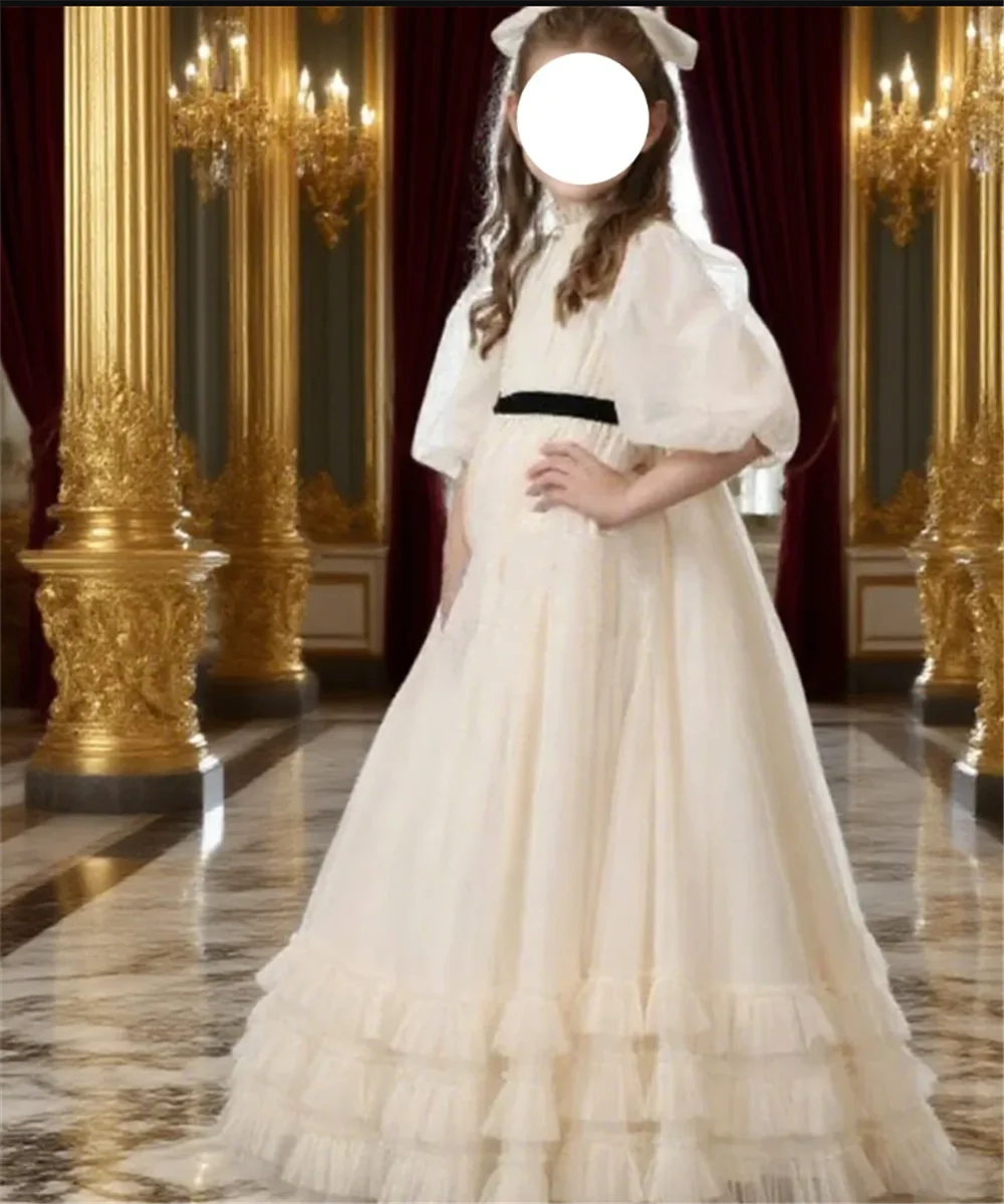 Robe de demoiselle d'honneur en Tulle blanc ivoire, pour mariage, perles, dentelle, prix, spectacle, anniversaire, robes bouffantes pour filles