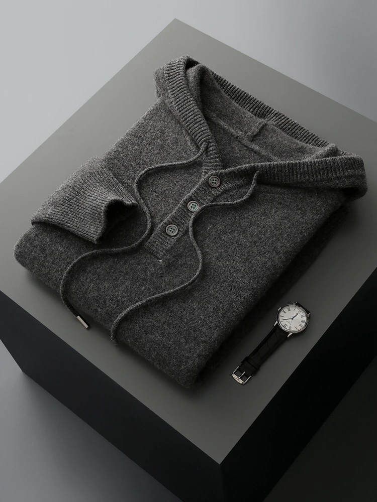 2025 New Chic Man Hooded Pullover Autumn Winter Basics 100% Merino Wool Sweater Sports Sweatshirt Button Drawstring Male Clothes