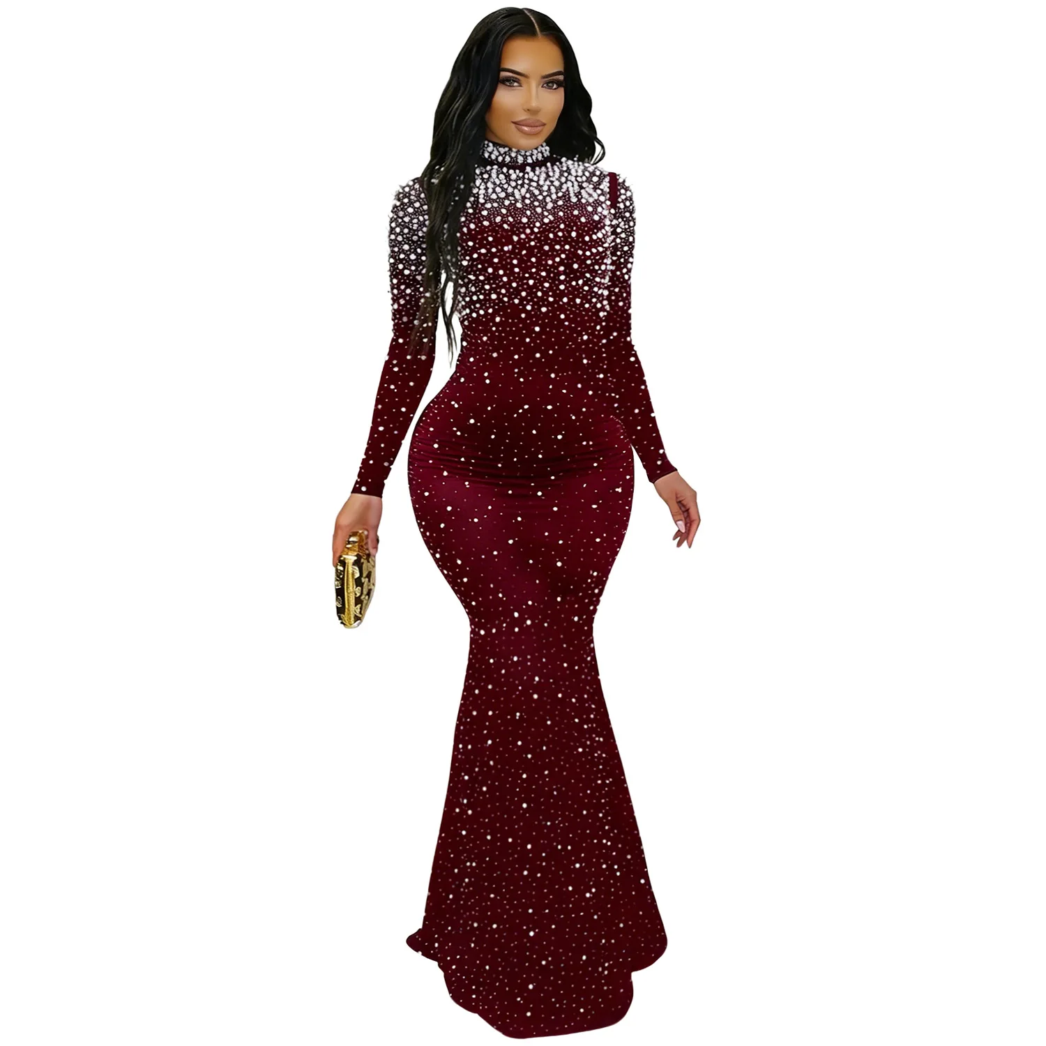 Women Luxury Sparkly Silver Crystals Evening Dress Sexy See Through Mesh Black Long Dress Long Sleeves Mermaid Dress