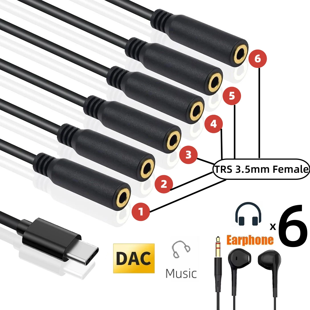 USB C to 3.5mm Headphone Splitter Type-C to 5/6 Ports TRS 3.5 Jack Audio Cable for Xiaomi Samsung Phone Tablet Listen to Songs