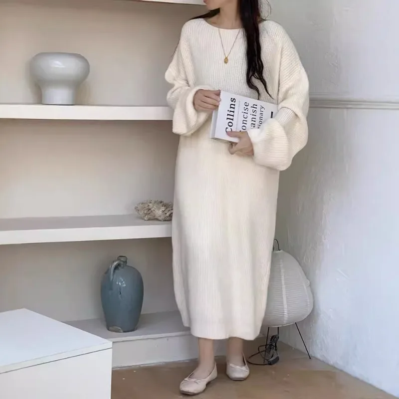 

Корейское повседневное свободное ретро-о-образным вырезом, однотонное вязаное платье-свитер с длинными рукавами, зимние женские платья, новое универсальное базовое платье макси