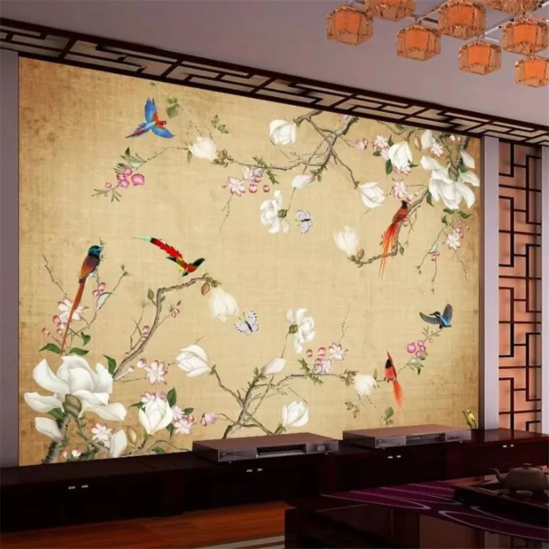 wellyu Custom large wall painter with Chinese hand-painted meticulous flower and bird background wall wallpaper home decor mural