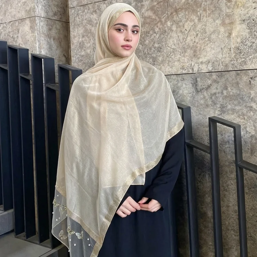 

Thin Silk Organza Scarf Shawl Headscarf Pearl Foulard Butterfly Embroidery Scarf Wraps Large Women Hijab Shawls Spring Autumn