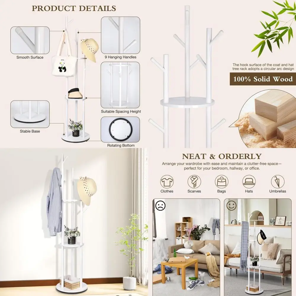 

3-Tier Wooden Coat Rack with 9 Hooks, Freestanding for Home Entryway, Bedroom, Living Room, Hallway - Holds Jackets, Coats, Hats