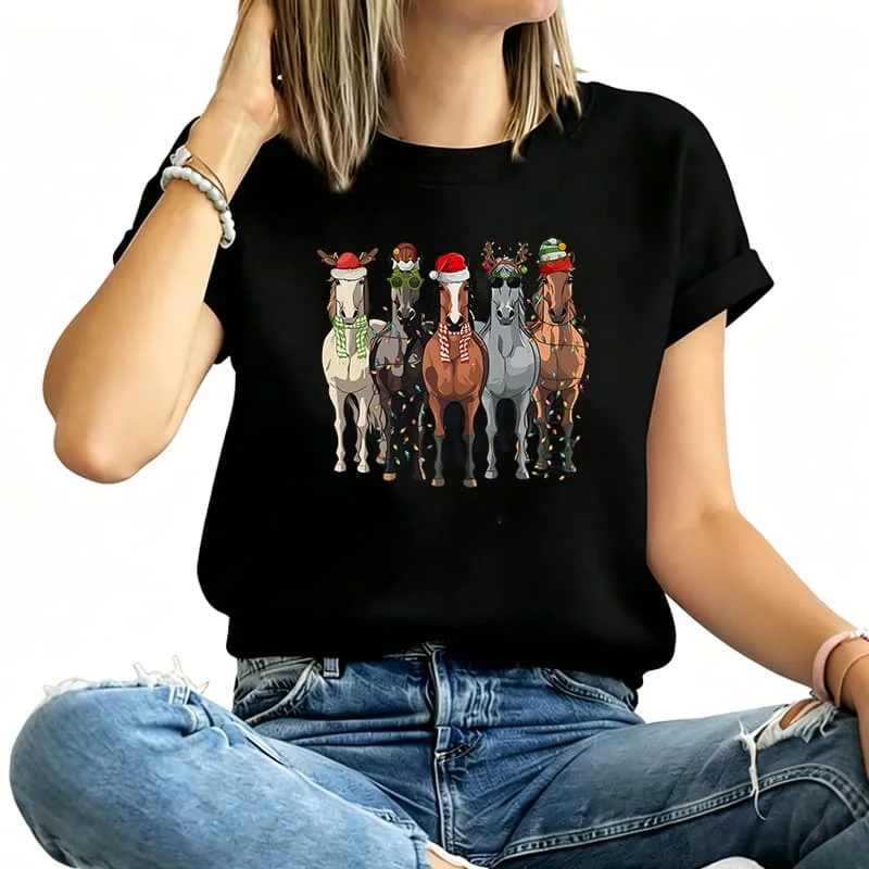 Christmas Horse Print Women's T-Shirt 100% Cotton Funny Graphic Short Sleeve Tee Novelty Shirt Casual Crew Neck Top S-5Xl
