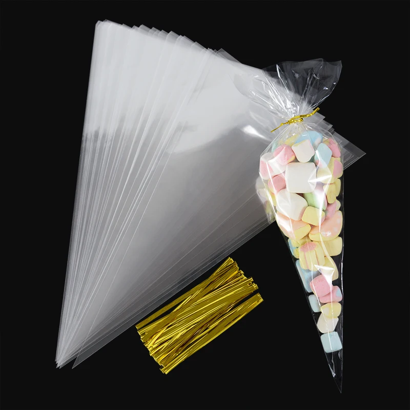 50szt Przezroczyste stożkowe torby do przechowywania cukierków Stożki Przezroczyste plastikowe torby na cukierki Popcorn dla Baby Shower Wedding Party Bags Supplies