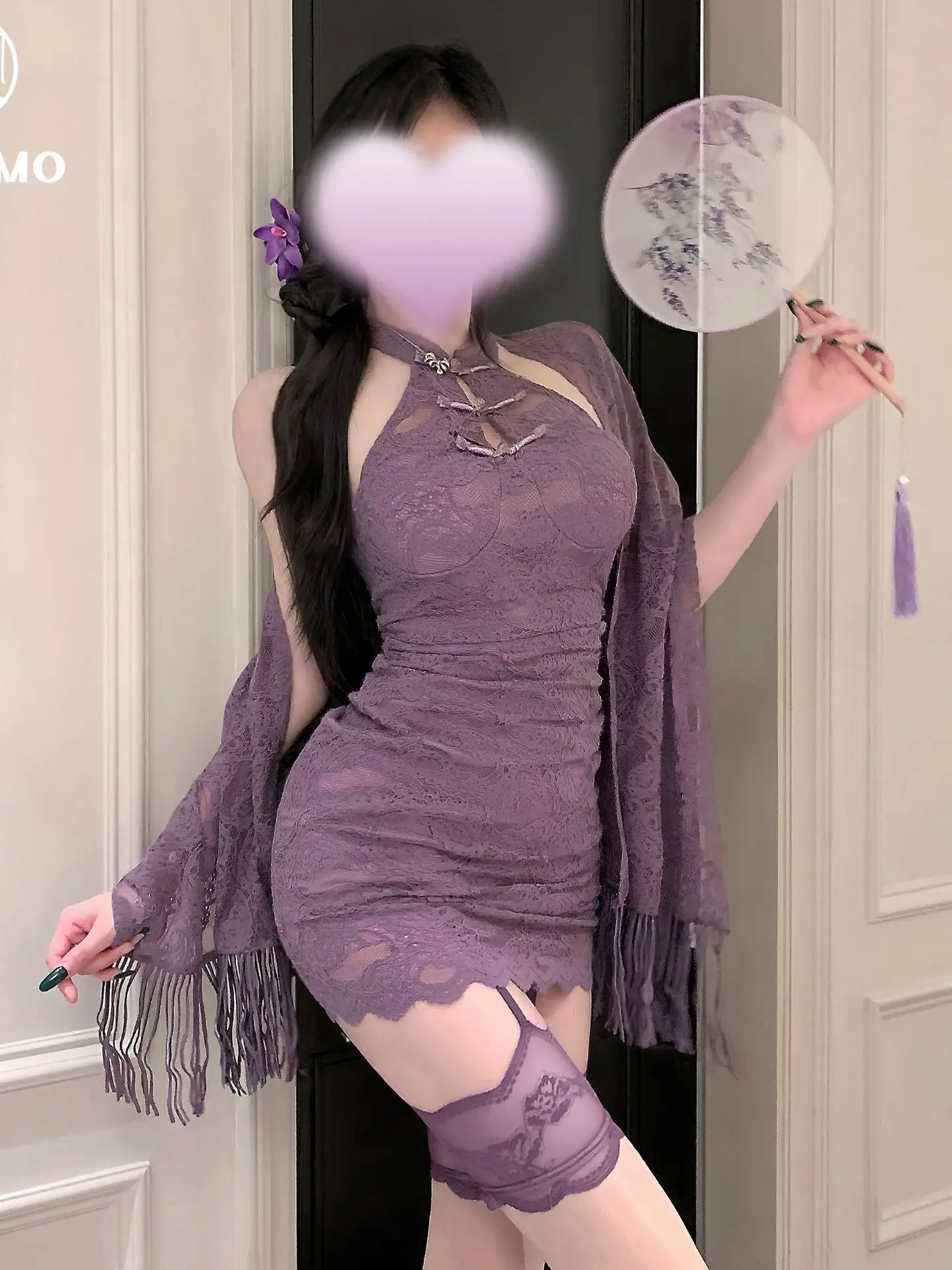 مثير جديد النمط الصيني مشبك الدانتيل الوقوف طوق شيونغسام الرغبة النقية حار فتاة الأرجواني معلقة الرقبة فستان مثير أنيق BF84