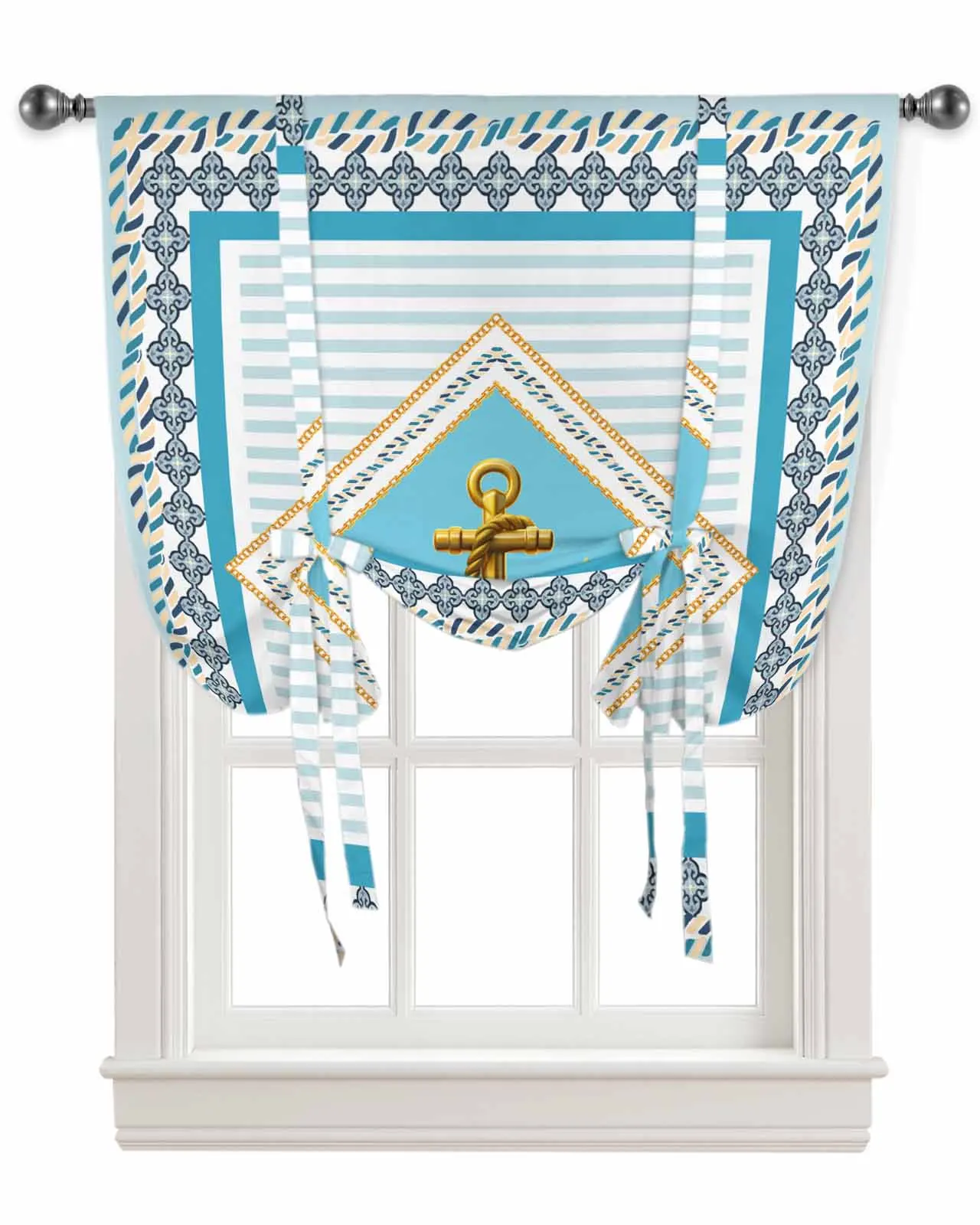 Anchor Stripes Window Curtains Tie Up Curtains for Kitchen Living Room Adjustable Rod Pocket Valances