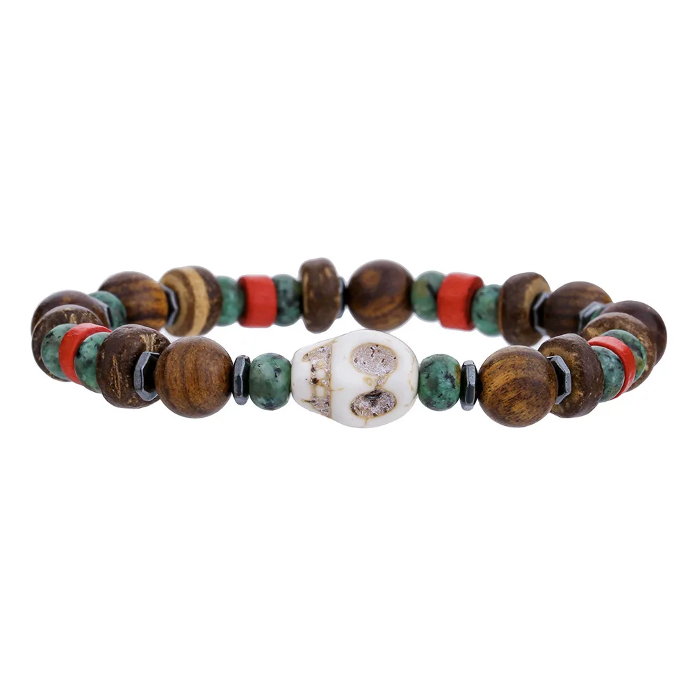 WG 1pc Vintage Handmade Beaded Skull Bracelet For Men Wooden Coconut Shell Beaded Bracelet Jewelry view 6