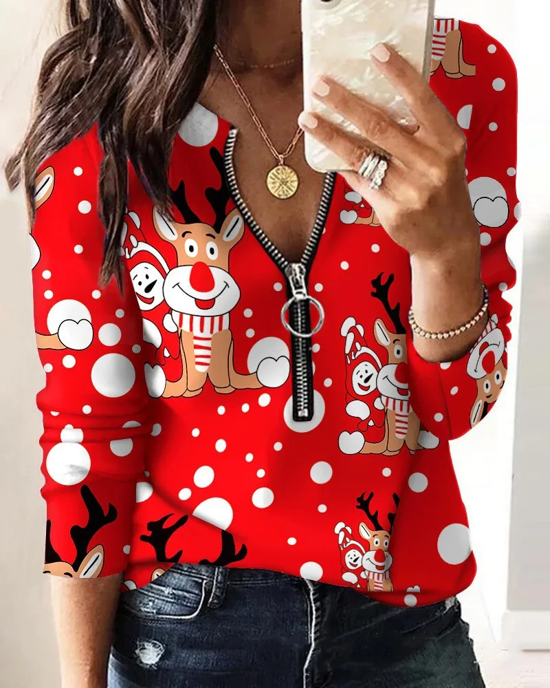 Fashion Long Sleeve Zipper Christmas Print Tops And Blouses Women 2023 Autumn Winter Causal Elk Top Femme Blouse For Women