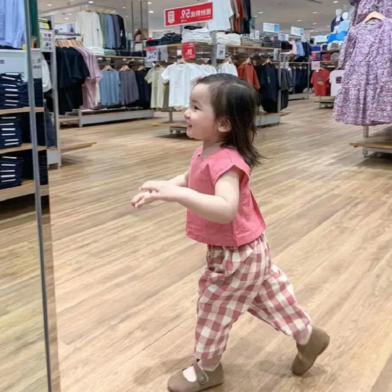 Girls' Set Short Sleeveless Vest with Plaid Pants25Summer New Foreign Trade Children's Wear Delivery3-8Years Old