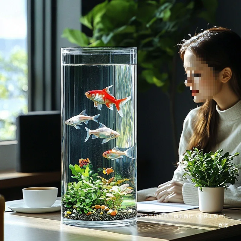e Acrylic Fish Tank Transparent Imitation Glass Goldfish Tank Round Cylindrical Living Room Tabletop Small Anti-Fall Plastic