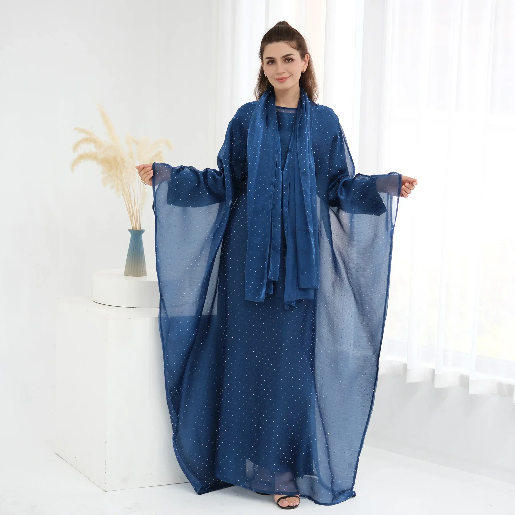 

3PCS Ramadan Dubai Abaya Women Muslim Sets Diamonds Jalabiya Kebaya Prayer Clothing Eid Djellaba Islam Robe Kaftan Caftan Gown