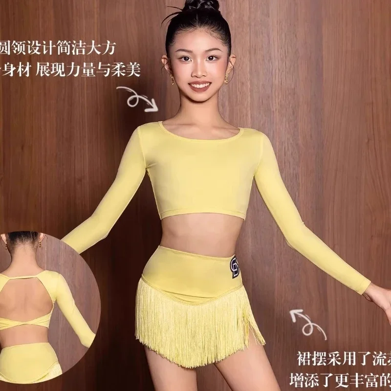 Nuevo conjunto de baile latino para niñas para el verano 2025, falda con borlas amarillas para baile latino para niños, traje de práctica de baile cha rumba samba