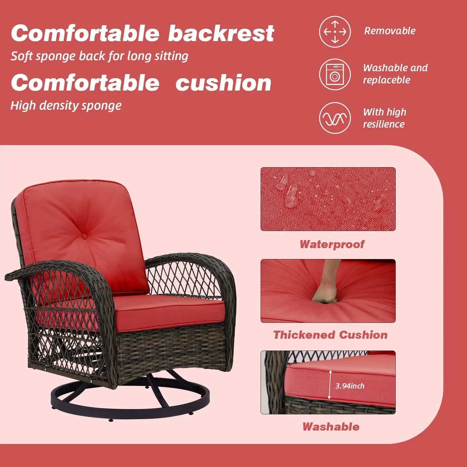 3 قطع كراسي هزازة دوارة للاستخدام الخارجي مع وسائد وطاولة قهوة، لون أحمر خمري