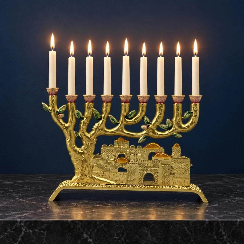 Jerusalem Holders Decorative Judaica 9 Branch Shalom Israel Menorah, Branching Display for Dining, Wedding Tables, Y5GB