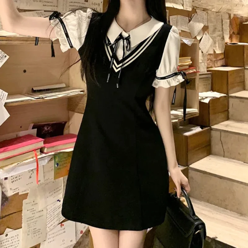 Women\'s Summer Preppy Style Sweet Drawstring Letter Bow Polo Collar Patchwork Fake Two Pieces Short Sleeve Slim A-line Dresses