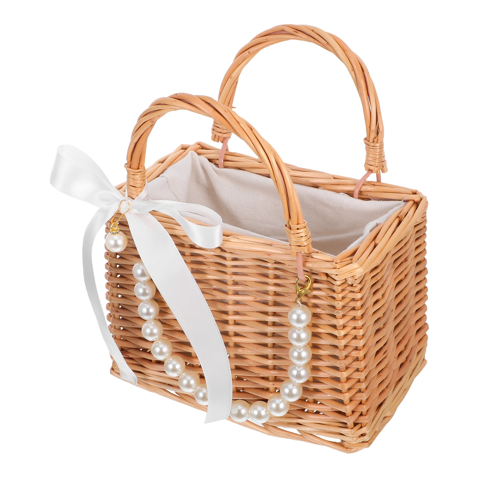 

Handheld Pearl Flower Basket Vintage Portable Cloth Pantry Storage Baskets Dinner Party