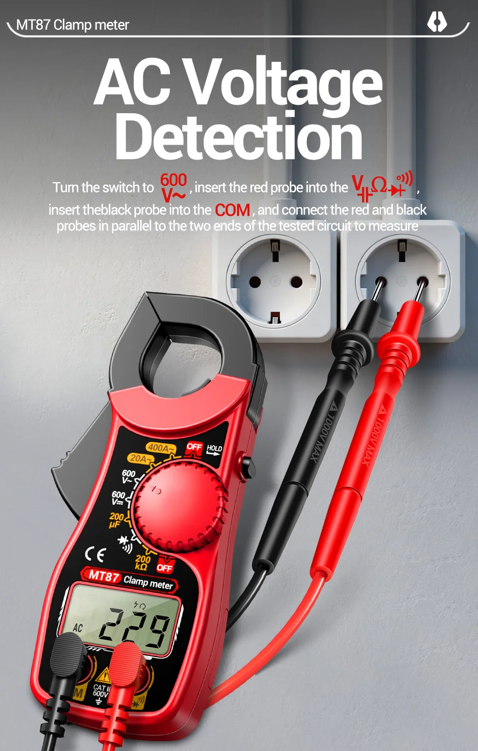 Professionelles Multimeter Stromzangenmessgerät Digitale Spannungsmessung 1,45 Zoll Große Messzange Strom NCV Ohm Hochpräziser Detektor Werkzeuge ANENG MT87 – Detail 6