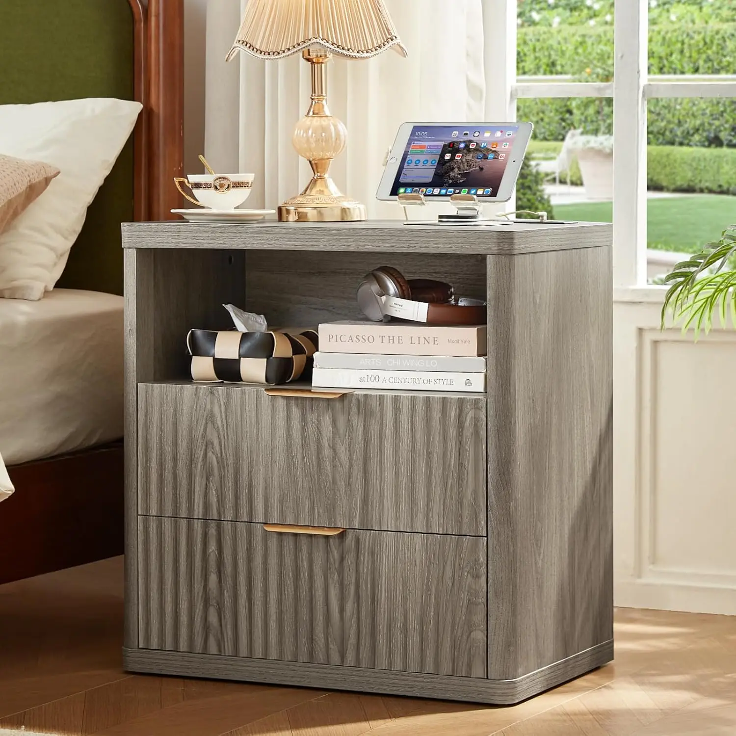

Fluted Nightstand Charging Station 2 Drawers End Cabinet Farmhouse Bedside Dresser 23in Grey Bedroom, Customized