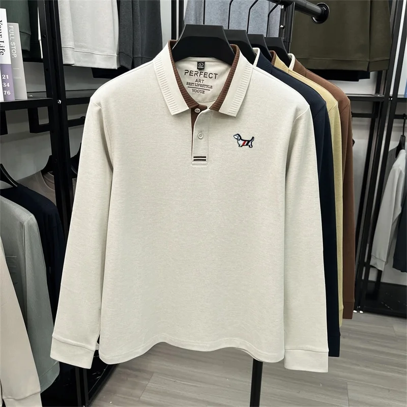 Hochwertiges Designer-Poloshirt mit Revers, Neue Herbstkollektion, Einfarbig, Wärmeisolierend, Langarm, Bedrucktes T-Shirt, Modische Exquisite Herrenbekleidung – Detail 9
