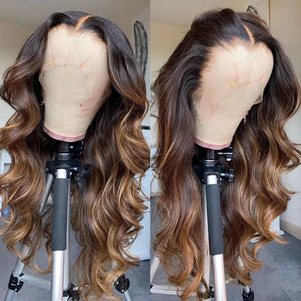 Ombre Honey Blonde Body Wave Synthetic Lace Front Wig for Women 13x4x1 T Part Medium Length  Pre plucked Natural Looking Wig