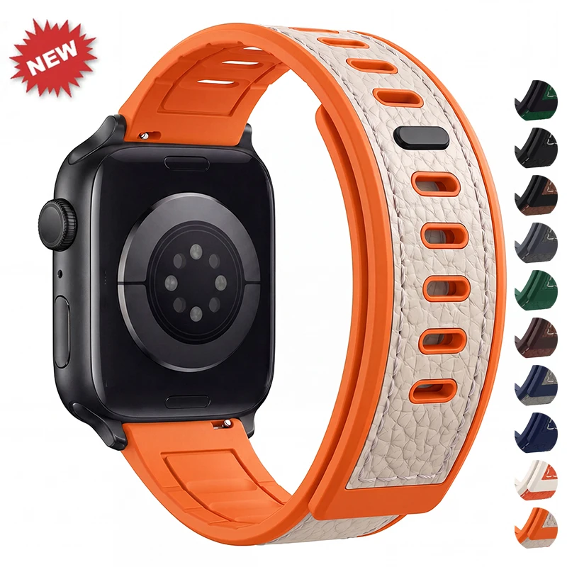 Pulseira de Couro para Apple Watch 11 10 Ultra, Bandas de 46 49mm 42 44mm 45 40/41mm, Bracelete Masculino de Silicone para iWatch Series 9 8 7 SE 6 5