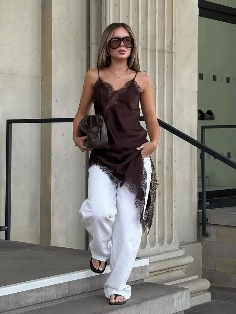 Elegancka sukienka mini na ramiączkach spaghetti z koronką, seksowna sukienka bez pleców, bez rękawów, asymetryczny dół, sukienka na wakacje, plażowa sukienka, vestido.