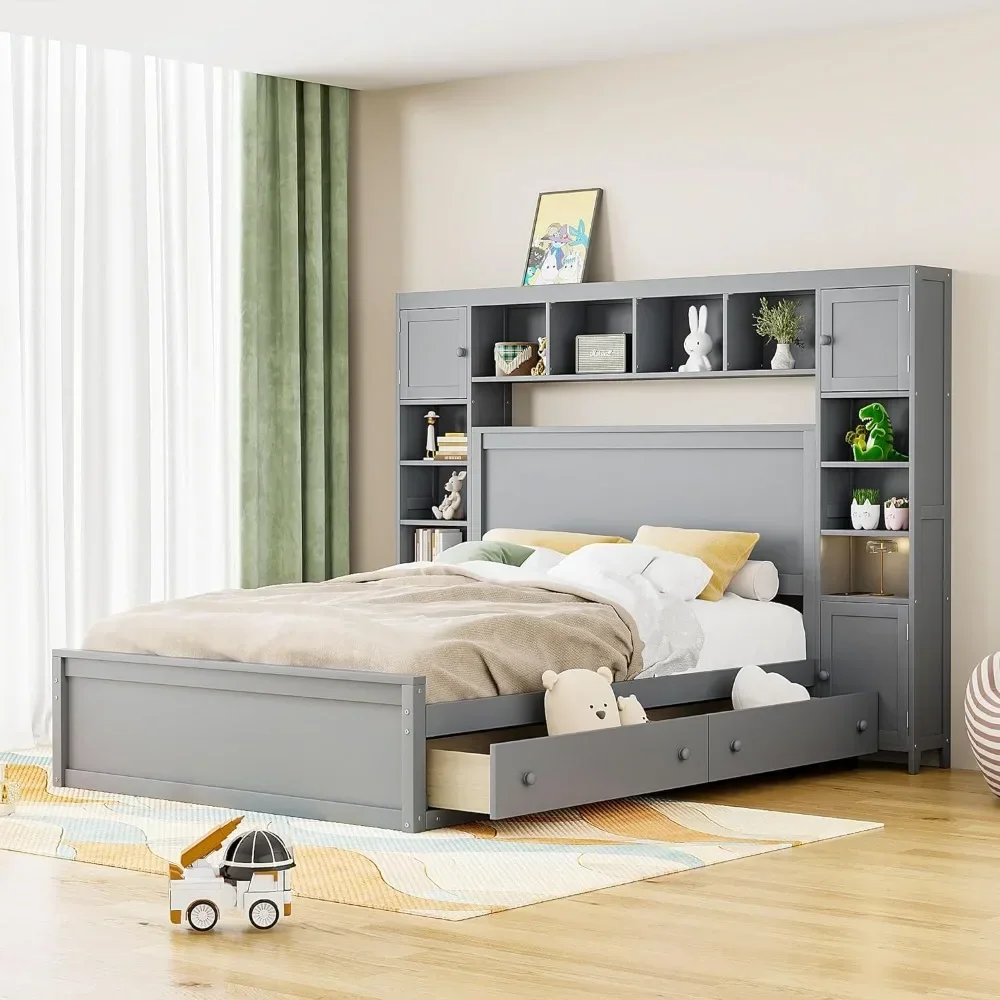 for Queen Size Bed Frame with Bookcase Headboard and 4 Storage Drawers, Solid Wood Queen Bed Frame