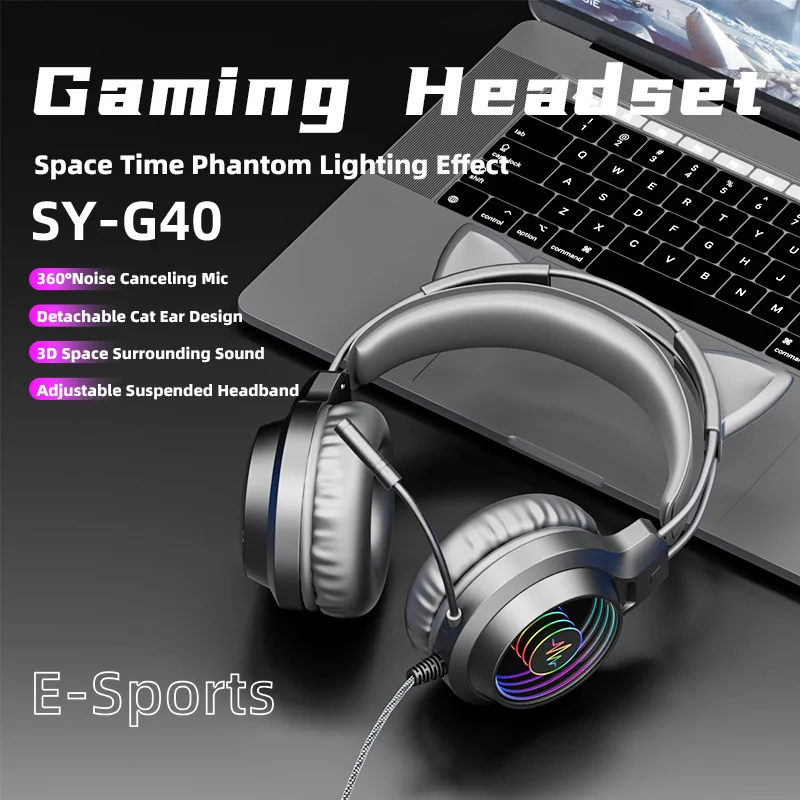 New Arrivals SY-G40 Wired Cat Ear Game Headphones HD Noise Reduction Mic 3D Surround Sound Colorful Lights For Computers Headset