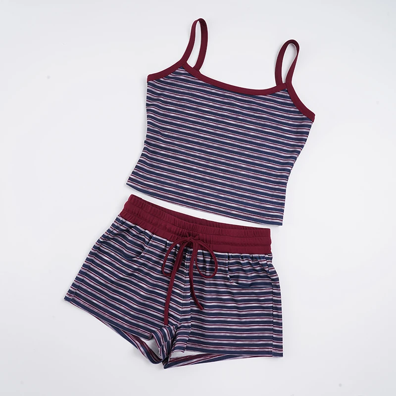 عادية التباين اللون مخطط السراويل مجموعات النساء Homewear سليم 2 قطعة مجموعات مائل الرقبة أكمام Csmis القمم منخفضة الخصر السراويل