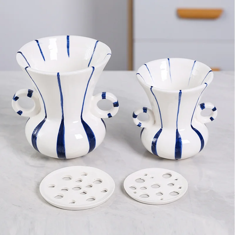 Double Ear Ceramic Vase, Geometric Striped Porous Hydroponic Vase, Living Room Flower Arrangement Container, Home Decoration