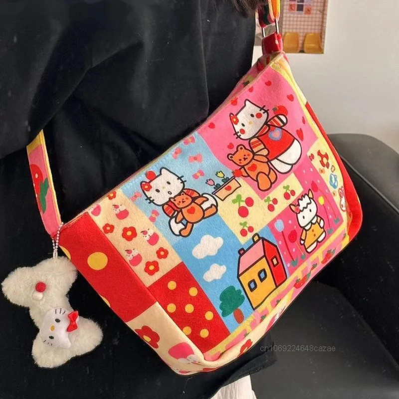 Sanrio Hello Kitty Cartoon Print Crossbody Bag Cute College Style Sweet Y2k Girl Shoulder Bag Japanese Style New Fashion Handbag