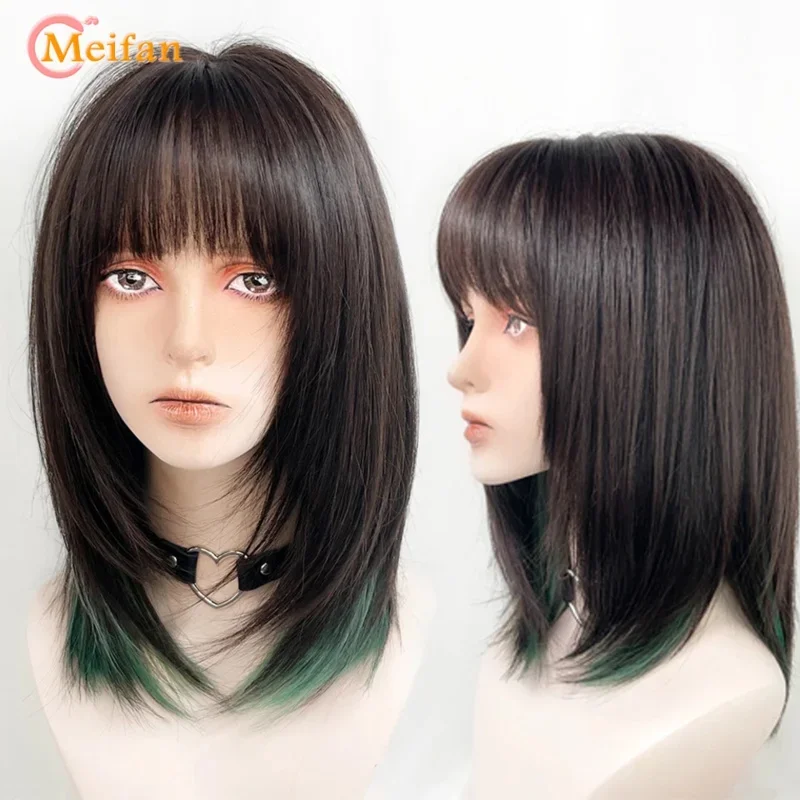 A Meifan synthetic green black purple middle length wig straight Lolita wigs cosplay wigs heat resistant hair anime party hair