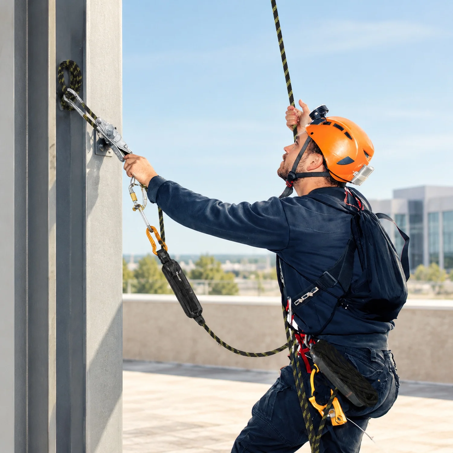 Vertical Lifeline Assembly, 0.55'' x 25' Fall Protection Rope with 30 KN Breaking Tension, Polyester Roofing Steel Snap Hooks