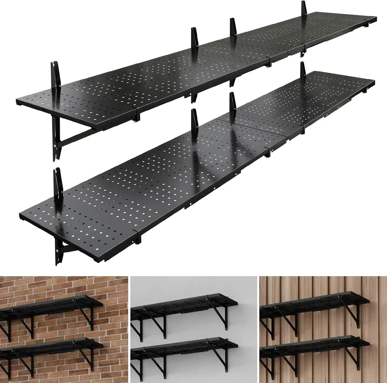 FLEXIMOUNTS 2-Pack 1x6ft Garage Shelving 14-inch-by-68-inch Perforated Wall Shelf, Heavy Duty Garage Storage Rack with 1400 lbs