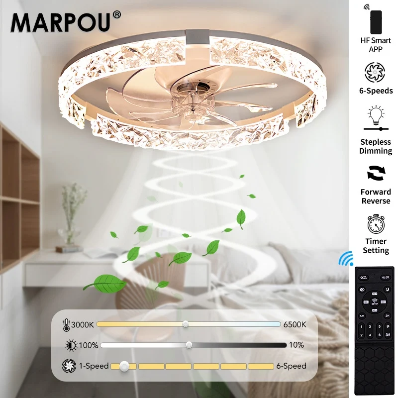 

Умный потолочный вентилятор MARPOU с регулируемой яркостью, дистанционным управлением и управлением через приложение, 50 см, 6 уровней ветра, современная светодиодная лампа-вентилятор для спальни, гостиной, дома