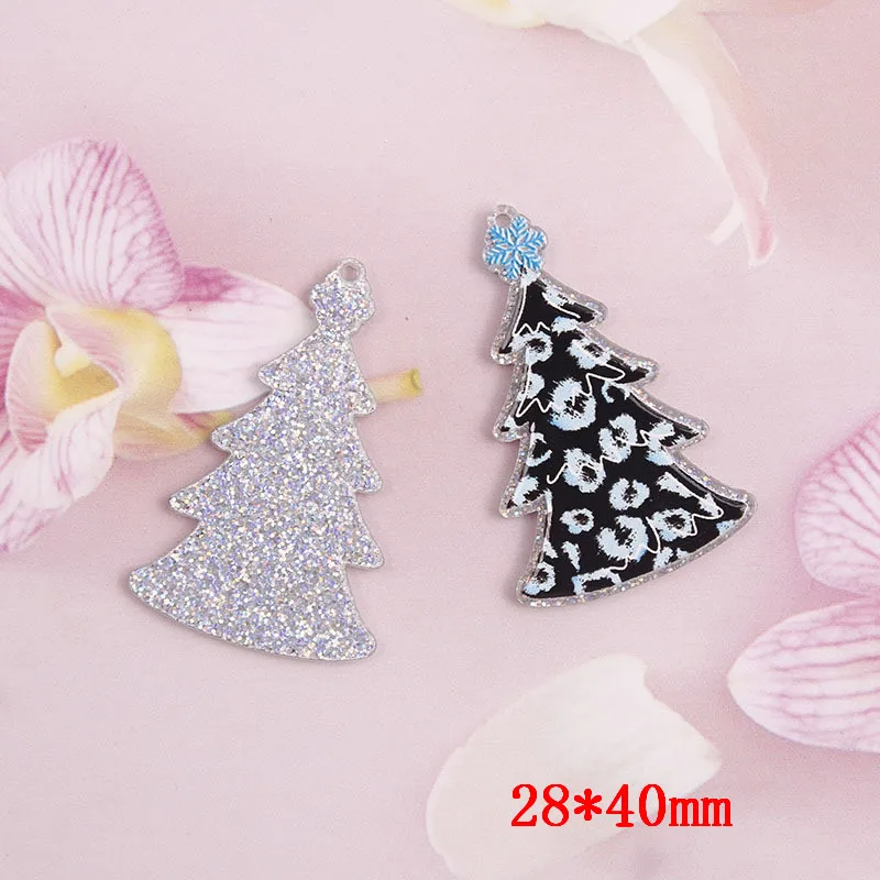 Christmas style 50pcs/lot color pattern print cartoon christmas tree shape acrylic beads diy jewelry earring/garment accessory