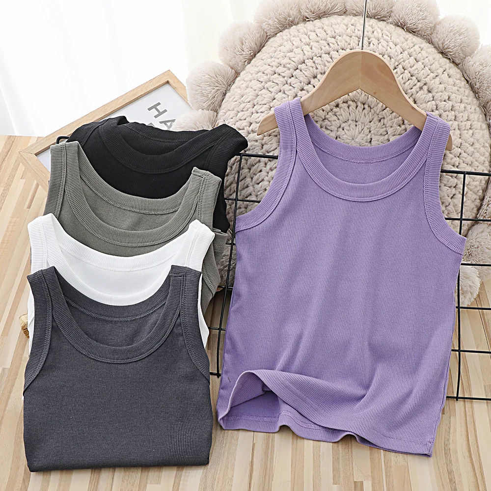 Summer Women Solid Round Neck Ribbed Tank Top Camisole Female Basic Elastic Tank Top Underwears Black Children's Clothing