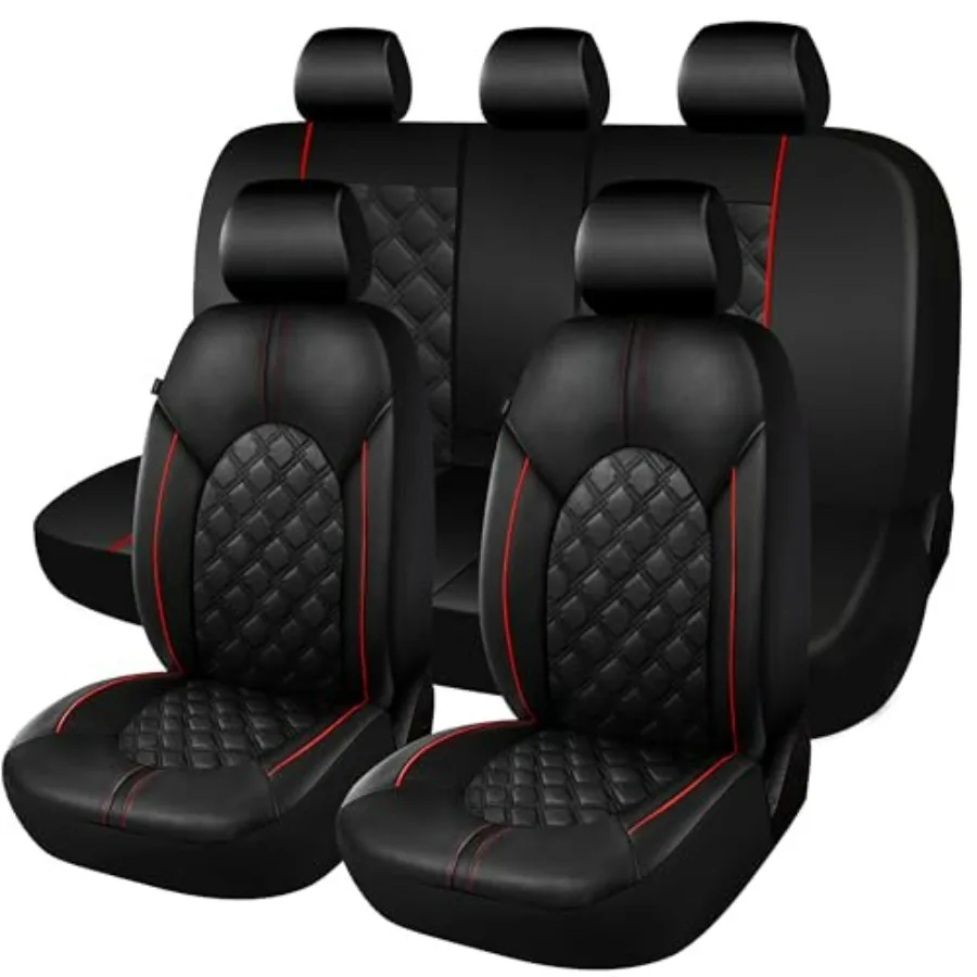 

Luxury PU Leather Car Seat Covers Full Set Waterproof Split Bench Seat Protectors for Sedans SUVs Pick-up Trucks Black Red Line