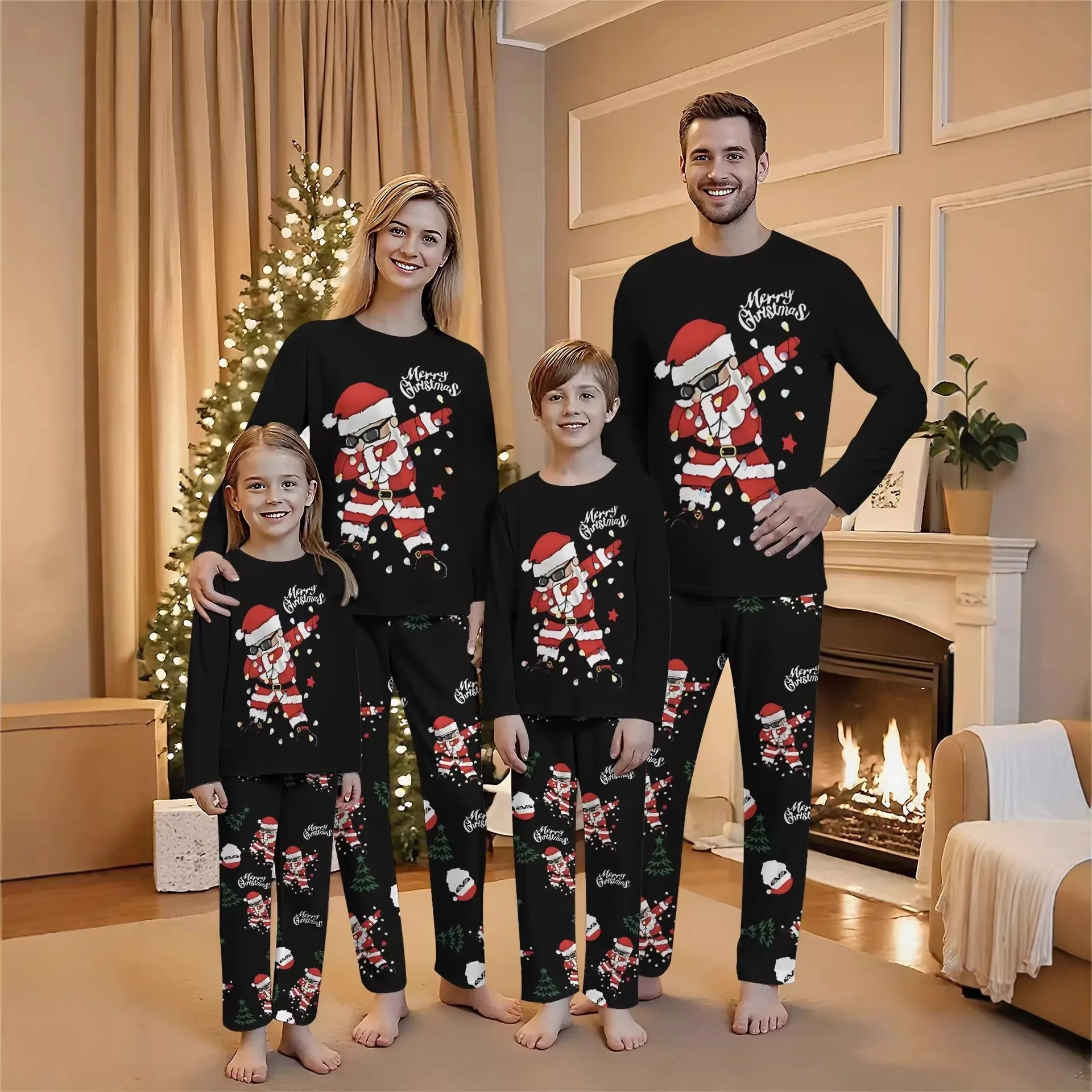Family Matching Christmas Pajamas Cool Santa Print Merry‑Xmas Sleepwear Long Sleeve Top&Snowflake Pants Pyjamas Set Holiday