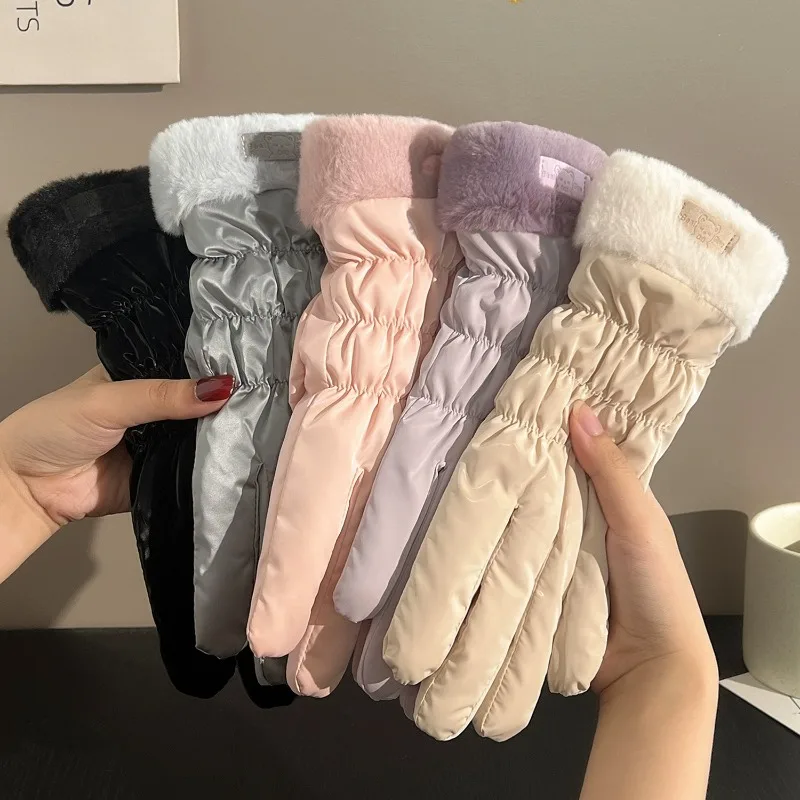 Fashion Waterproof Plush Down Cotton Gloves Women Winter Coldproof Windproof Velvet Fluffy Lining Thickened Warm Ski Mittens