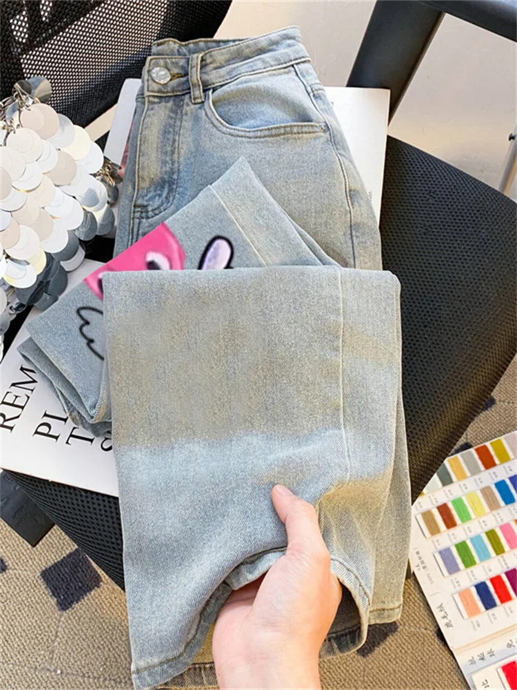 

Уличная одежда в стиле ретро, свободные джинсы с высокой талией для мужчин и женщин, летние легкие утягивающие прямые брюки, повседневные широкие брюки