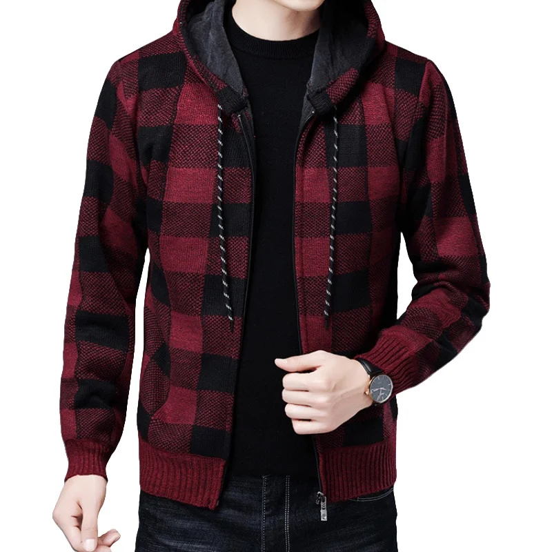 Winter Men's Hooded Fleece Thickened Checkered Long Sleeve Sweater Fashion Casual Slim Fit Warm Cardigan Knitted Sweater Jacket